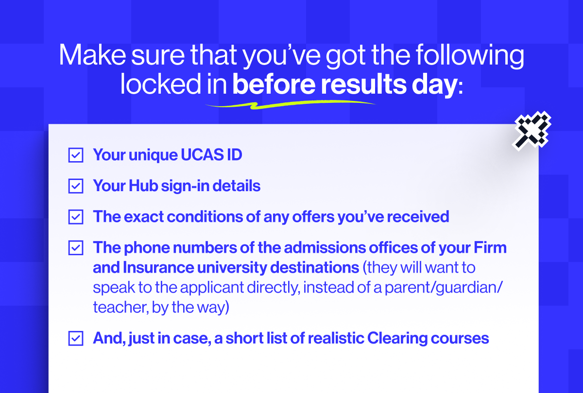 make sure that you&rsquo;ve got the following locked in before results day:  Your unique UCAS ID&nbsp;  Your Hub sign-in details&nbsp;  The exact conditions of any offers you&rsquo;ve received  The phone numbers of the admissions offices of your Firm and Insurance university destinations (they will want to speak to the applicant directly, instead of a parent/guardian/teacher, by the way)  And, just in case, a short list of realistic Clearing courses