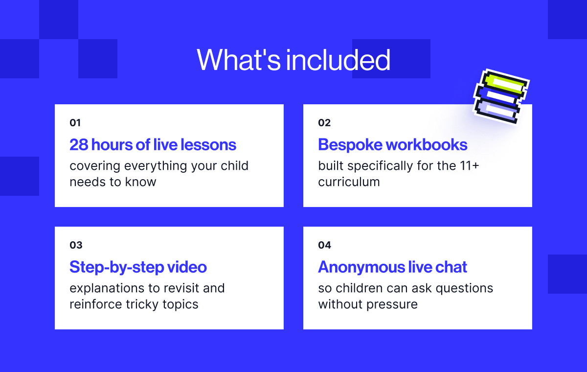 The 11+ preparation course includes 28 hours of live lessons covering everything your child needs to know  Bespoke workbooks built specifically for the 11+ curriculum  Step-by-step video explanations to revisit and reinforce tricky topics  Anonymous live chat so children can ask questions without pressure