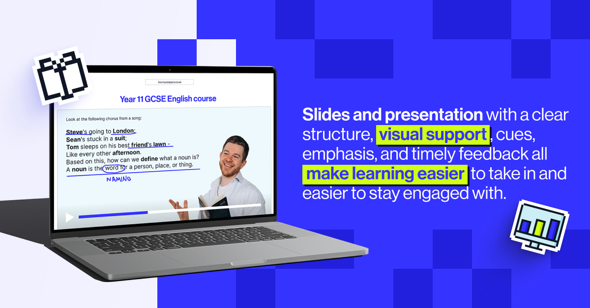 Slides and presentation with a clear structure, visual support, cues, emphasis, and timely feedback all make learning easier to take in and easier to stay engaged with.