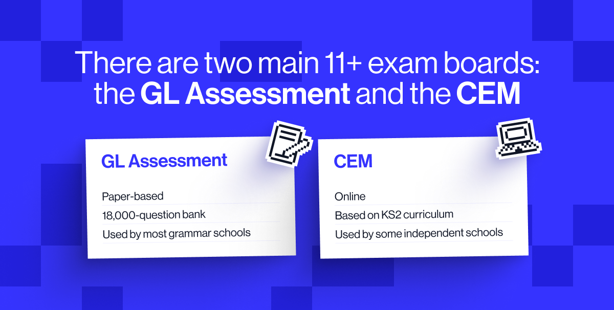 There are two main 11+ exam boards, the &lsquo;GL Assessment&rsquo; and the &lsquo;CEM&rsquo;.