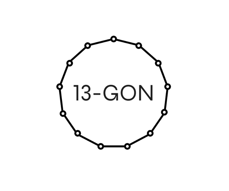 What is the size of the exterior and interior angle of a regular 13-sided polygon?