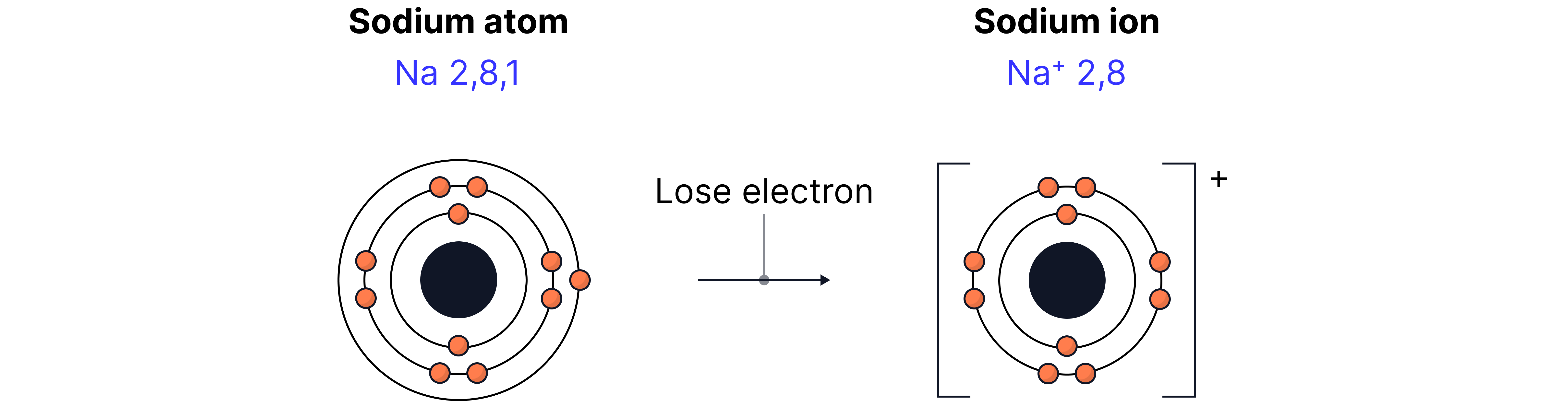 A diagram showing a sodium atom with electron configuration 2,8,1 losing one outer electron to form a Na⁺ ion with a full outer shell (2,8), illustrating ionic bonding and the formation of a positive ion.