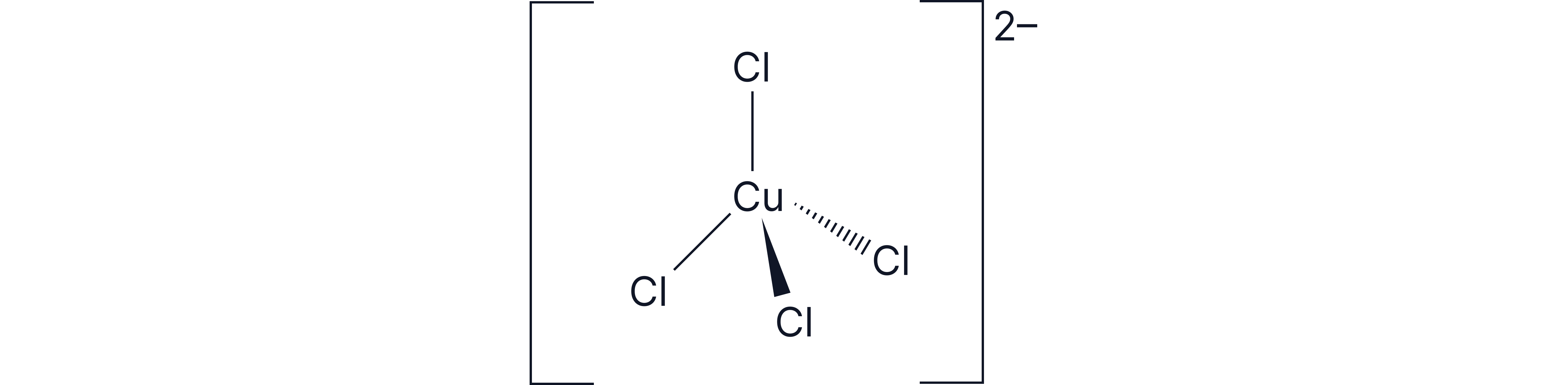 Diagram of the tetrahedral complex ion [CuCl₄]&sup2;⁻ showing a central Cu&sup2;⁺ ion bonded to four chloride ligands with wedge and dashed bonds indicating the 3D arrangement.