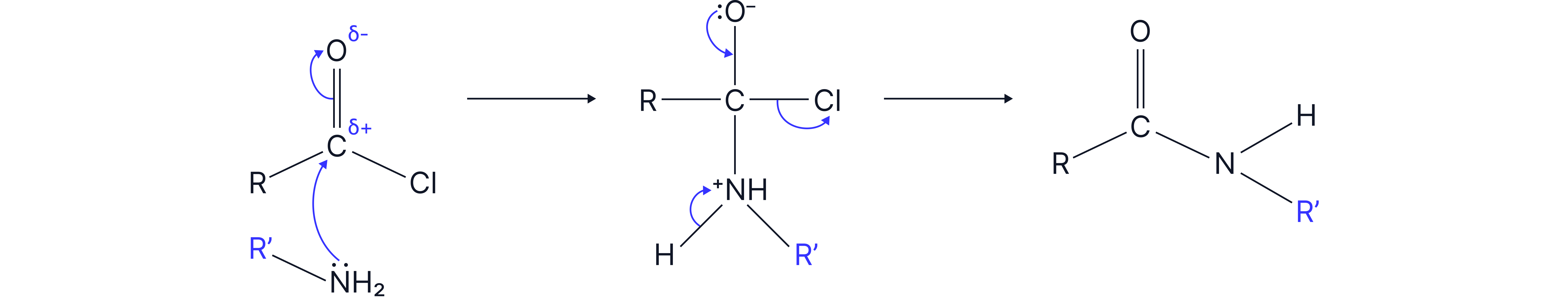 Reaction mechanism diagram showing nucleophilic addition–elimination in the reaction of an acyl chloride with a primary amine to form an N-substituted amide.
