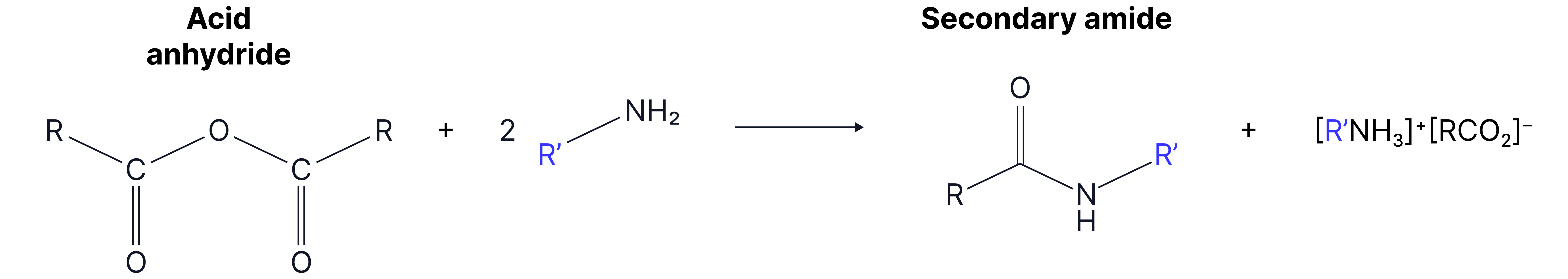 Reaction scheme showing an acid anhydride reacting with a primary amine to form an N-substituted amide and an ammonium carboxylate salt.