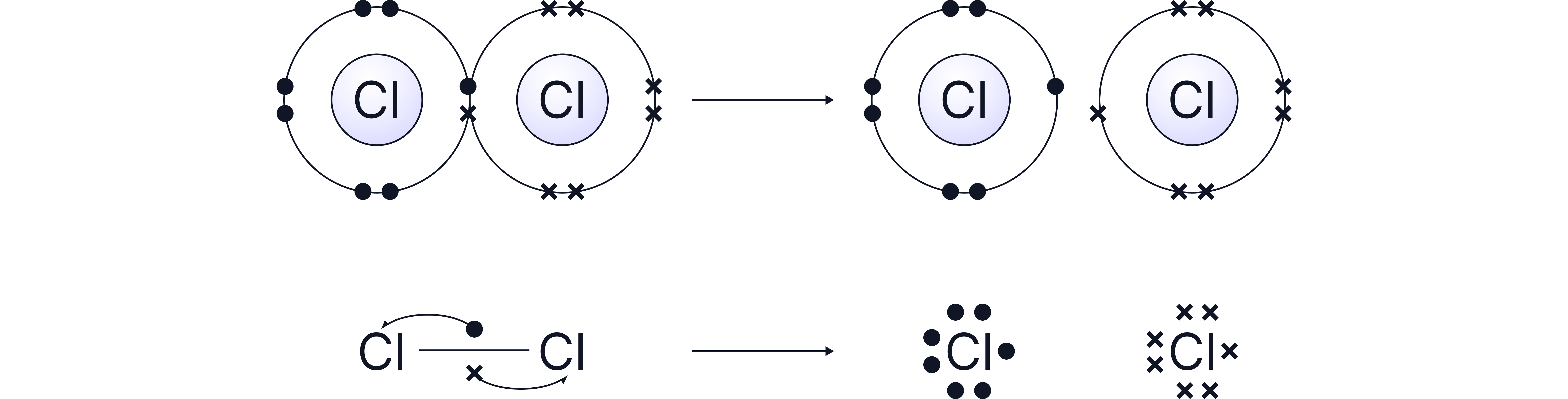 Dot-and-cross diagram showing homolytic fission of a chlorine molecule, where the covalent bond breaks evenly to form two chlorine free radicals.