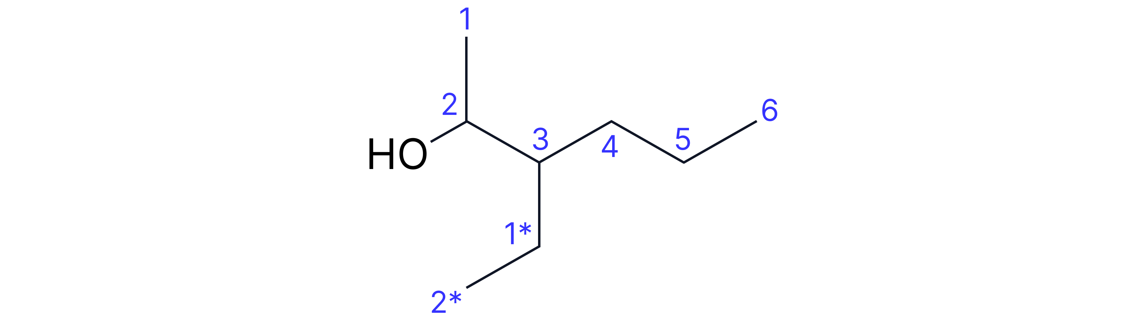 Skeletal formula illustrating how different six-carbon chains can be identified and numbered in a branched alkane when determining the parent chain for IUPAC naming.