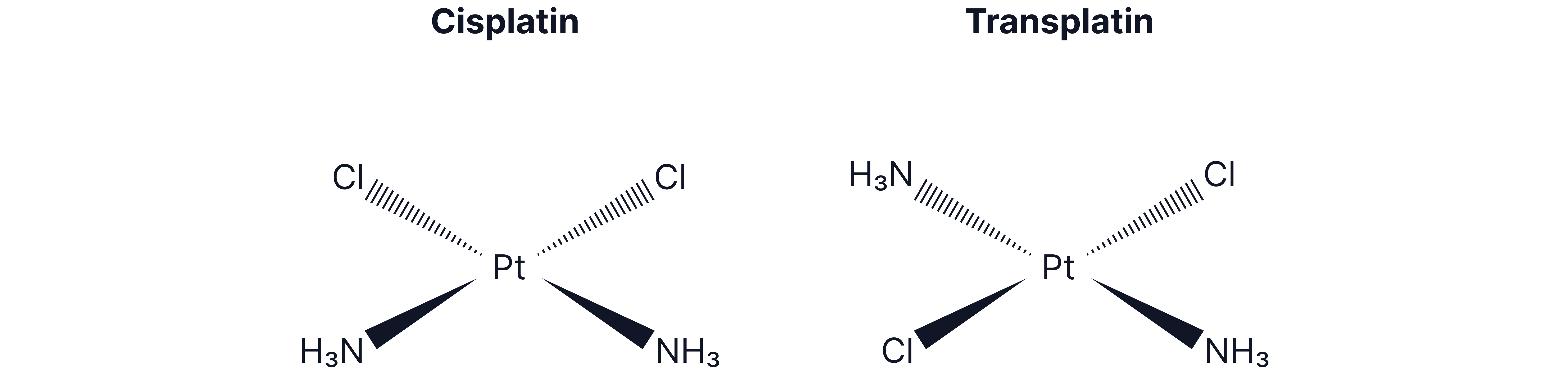 Diagrams comparing the square planar platinum complexes cisplatin and transplatin, showing the different spatial arrangements of ammonia and chloride ligands around the Pt ion.