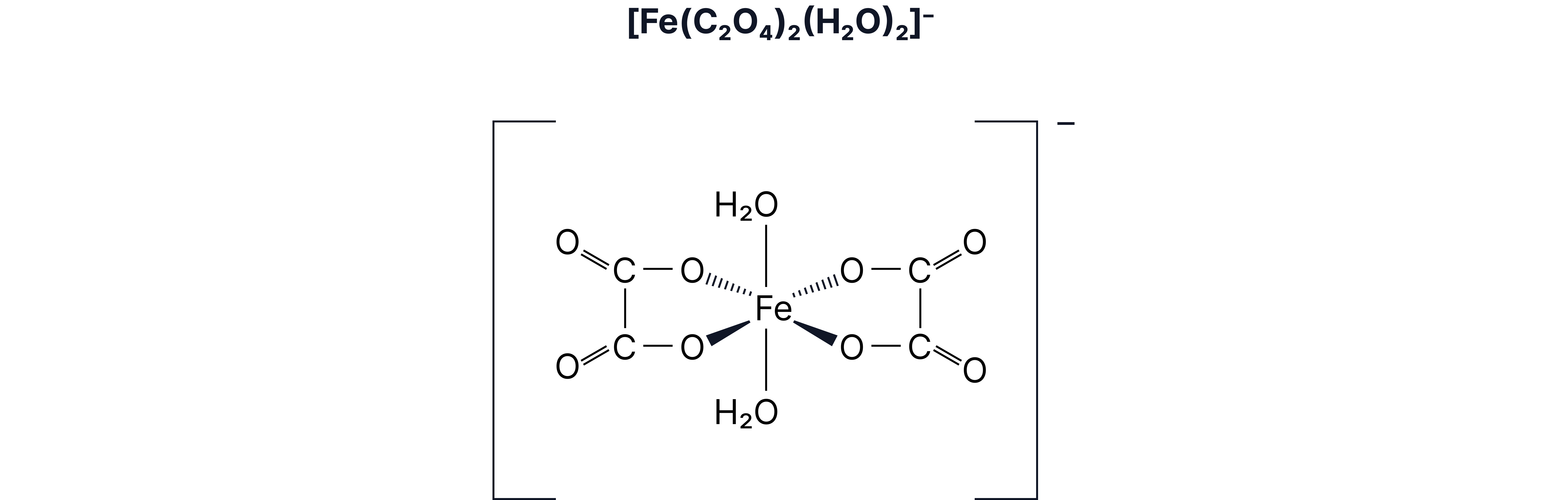 Displayed formula of the octahedral complex ion [Fe(C₂O₄)₂(H₂O)₂]⁻ showing an Fe ion bonded to two bidentate oxalate ligands and two water ligands.