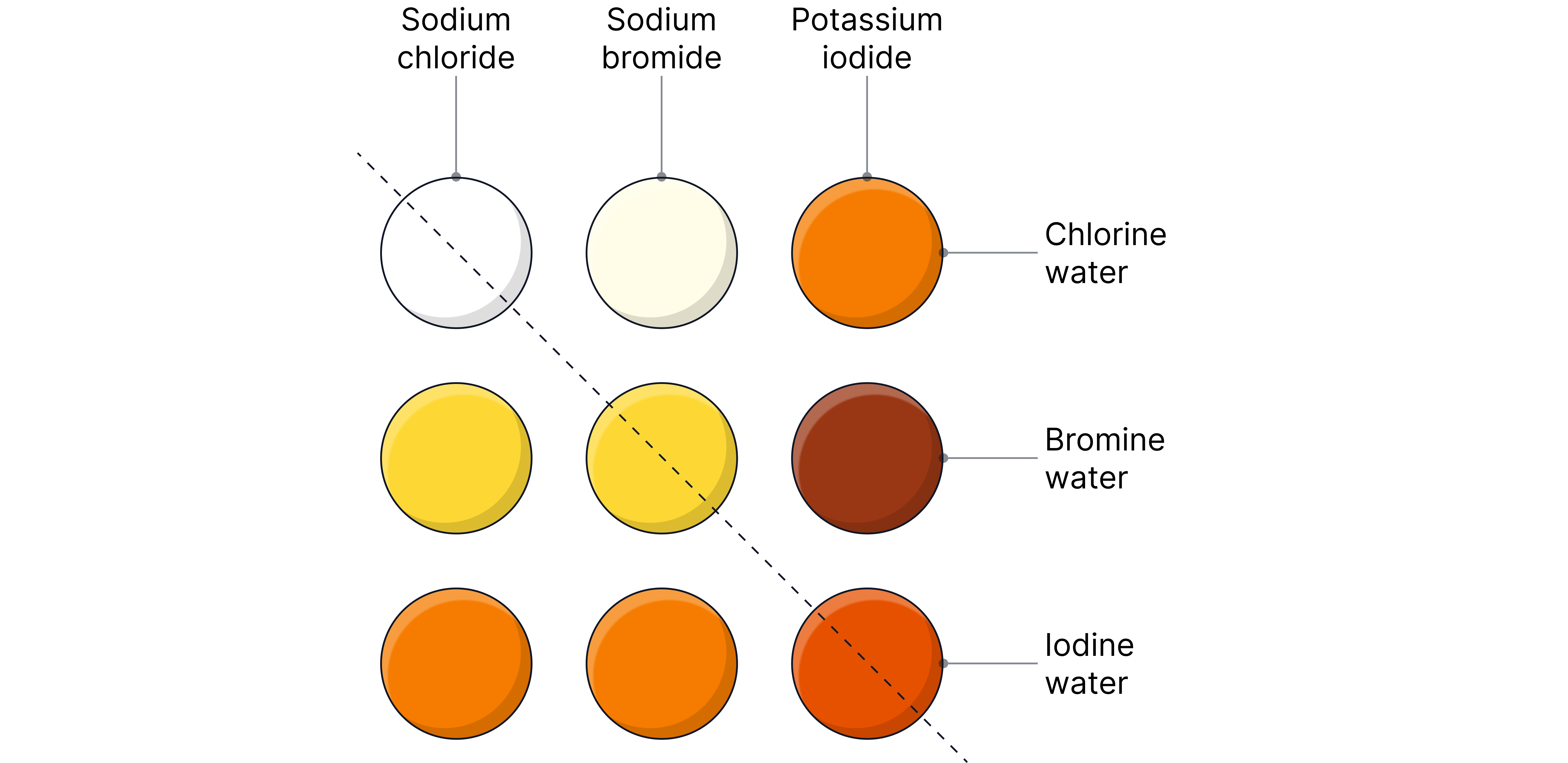 A diagram showing the trend in reactivity of Group 1 metals increasing down the group, illustrated by coloured circles arranged vertically with a downward arrow.