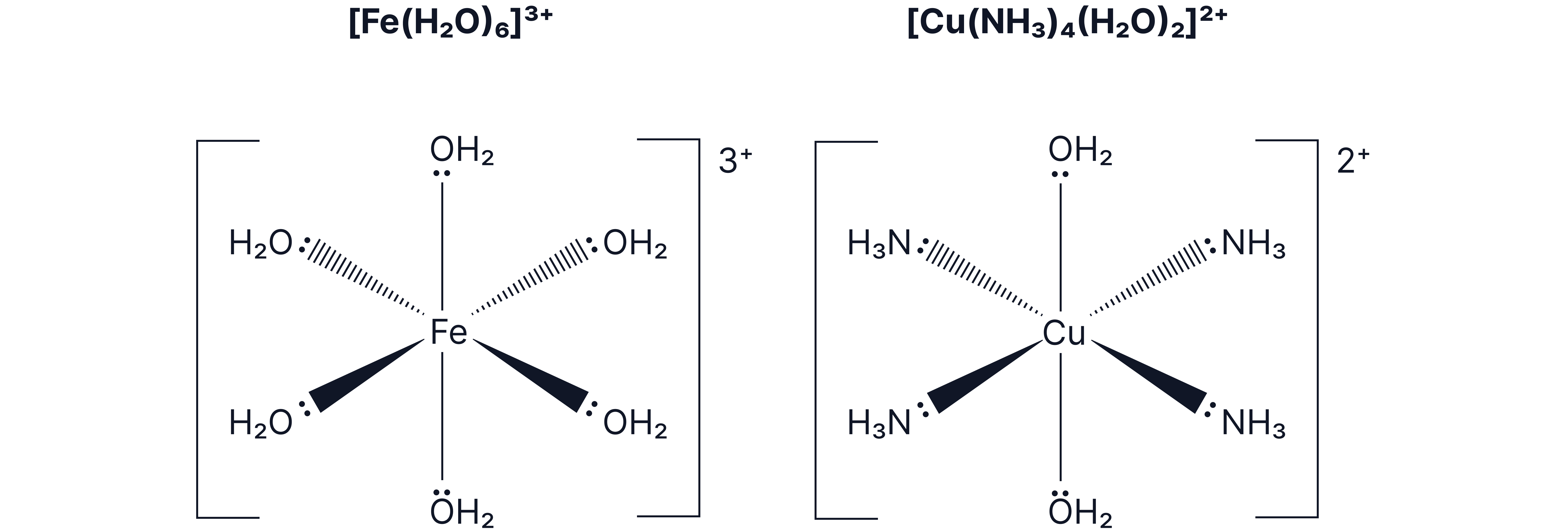 Examples of octahedral transition metal complexes showing six coordinate bonds around a central metal ion, including hexaaquairon(III) and tetraamminediaquacopper(II)
