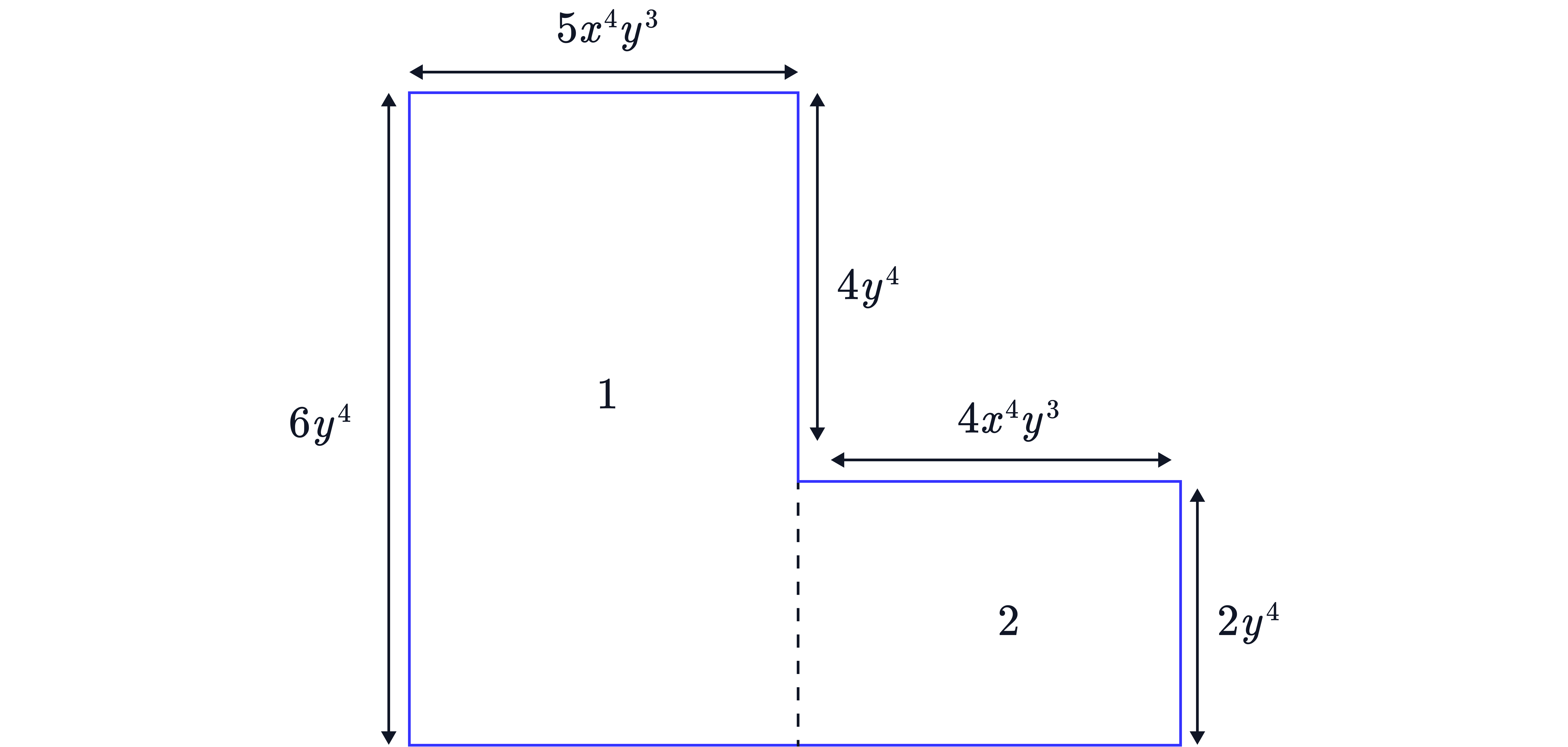 The L-shaped figure split by a dashed line into rectangle 1 and rectangle 2, with the full left-hand height now labelled 6y^4 so rectangle 1 measures 5x^4y^3 by 6y^4 and rectangle 2 measures 4x^4y^3 by 2y^4.