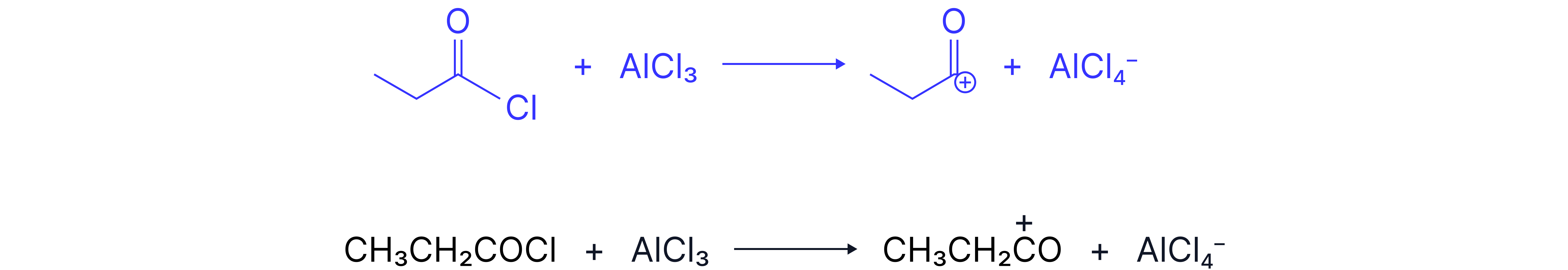 Acylium Ion Formation Mechanism Equation showing an acyl chloride reacting with aluminium chloride to form an acylium ion and tetrachloroaluminate ion during Friedel–Crafts acylation.