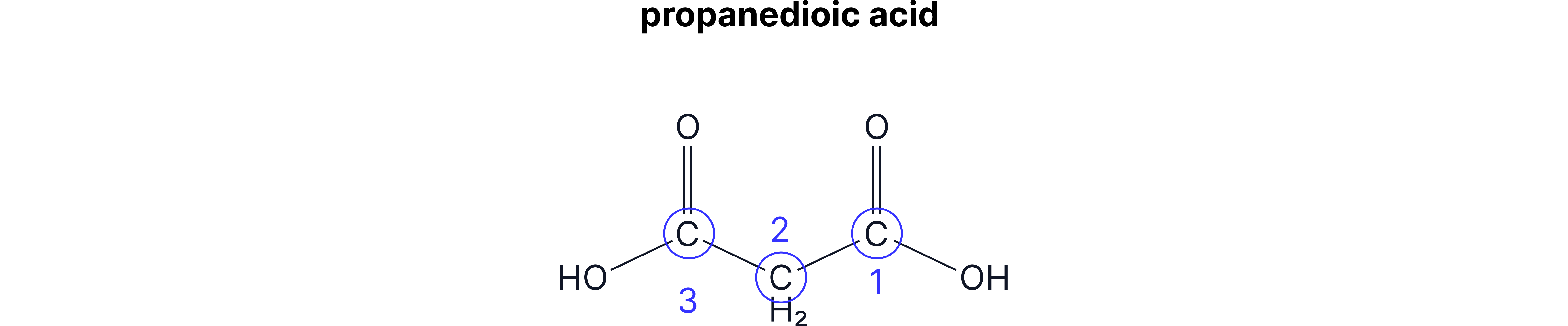 Displayed formula of propanedioic acid with the carbon atoms numbered to show the positions of the two carboxylic acid groups.