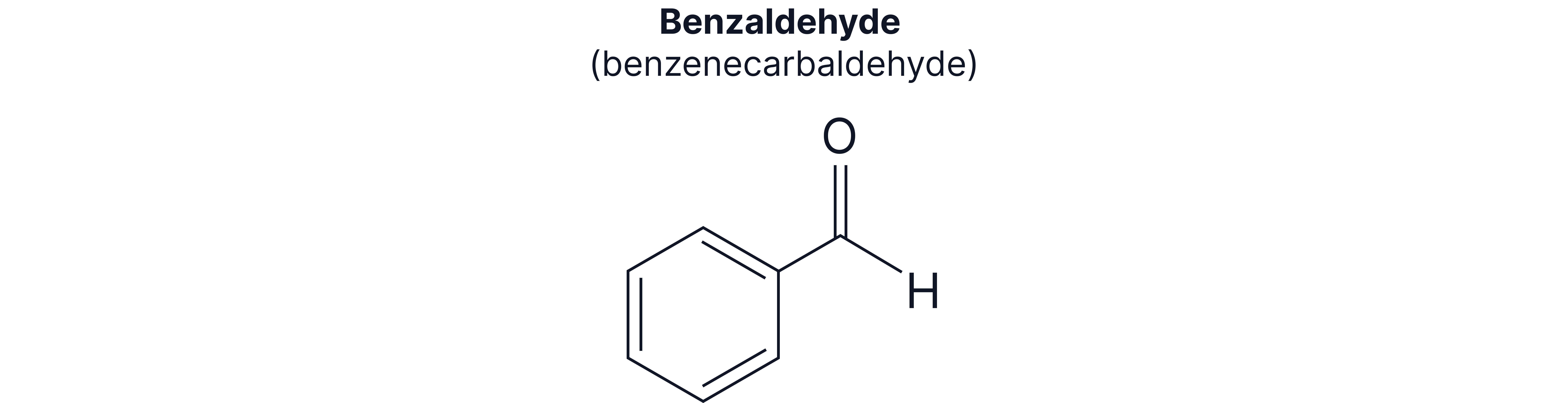 Structure of Benzaldehyde Structural formula of benzaldehyde showing a benzene ring bonded to an aldehyde functional group.