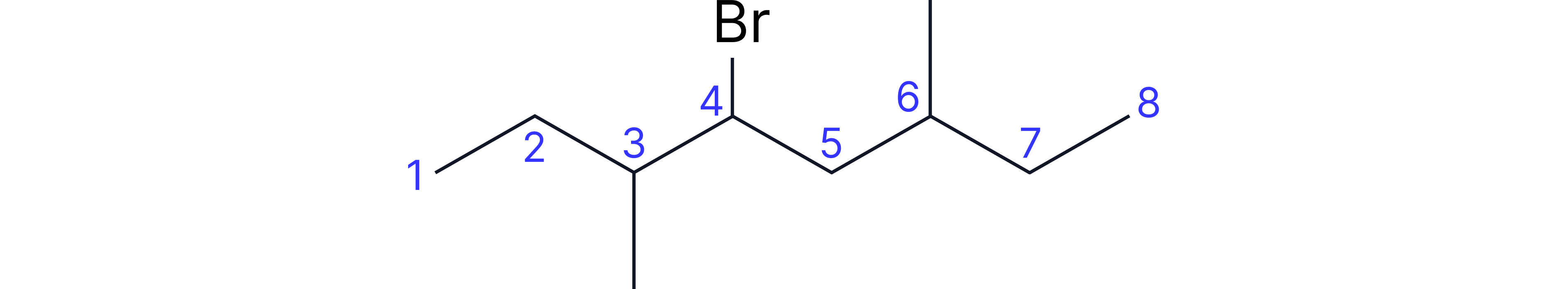 Skeletal formula of a branched eight-carbon alkane chain, numbered to show the longest continuous carbon chain used in IUPAC naming.