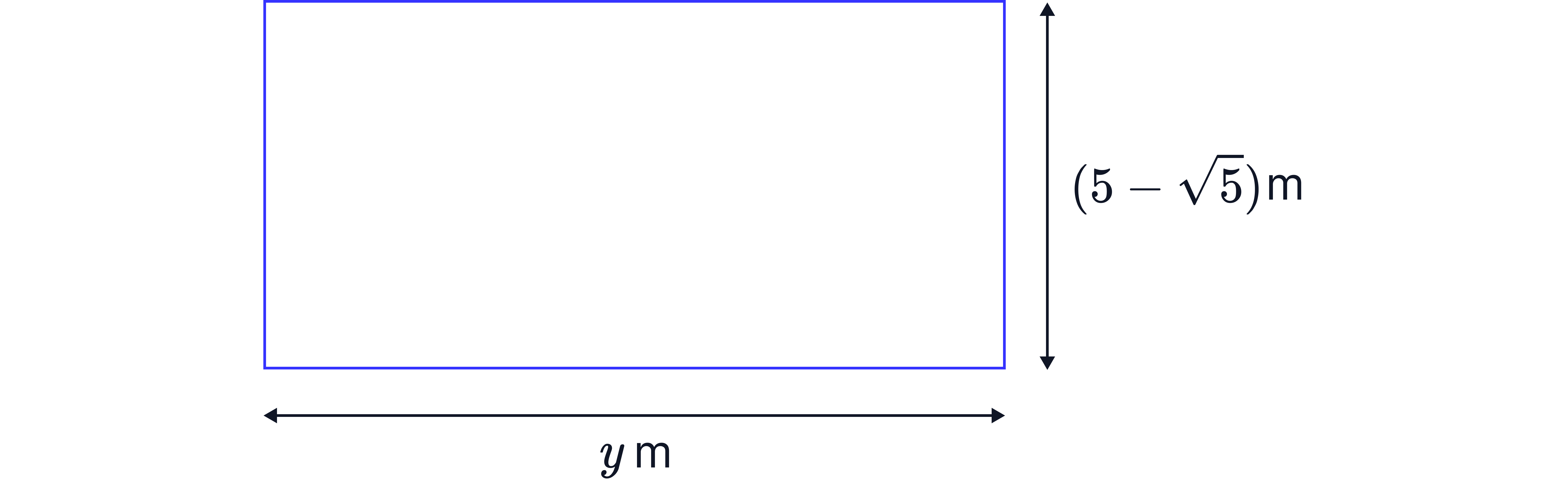 A rectangle with width (5 - sqrt(5)) m marked on its vertical side and length y m marked along its base, where y is to be found from the given area.