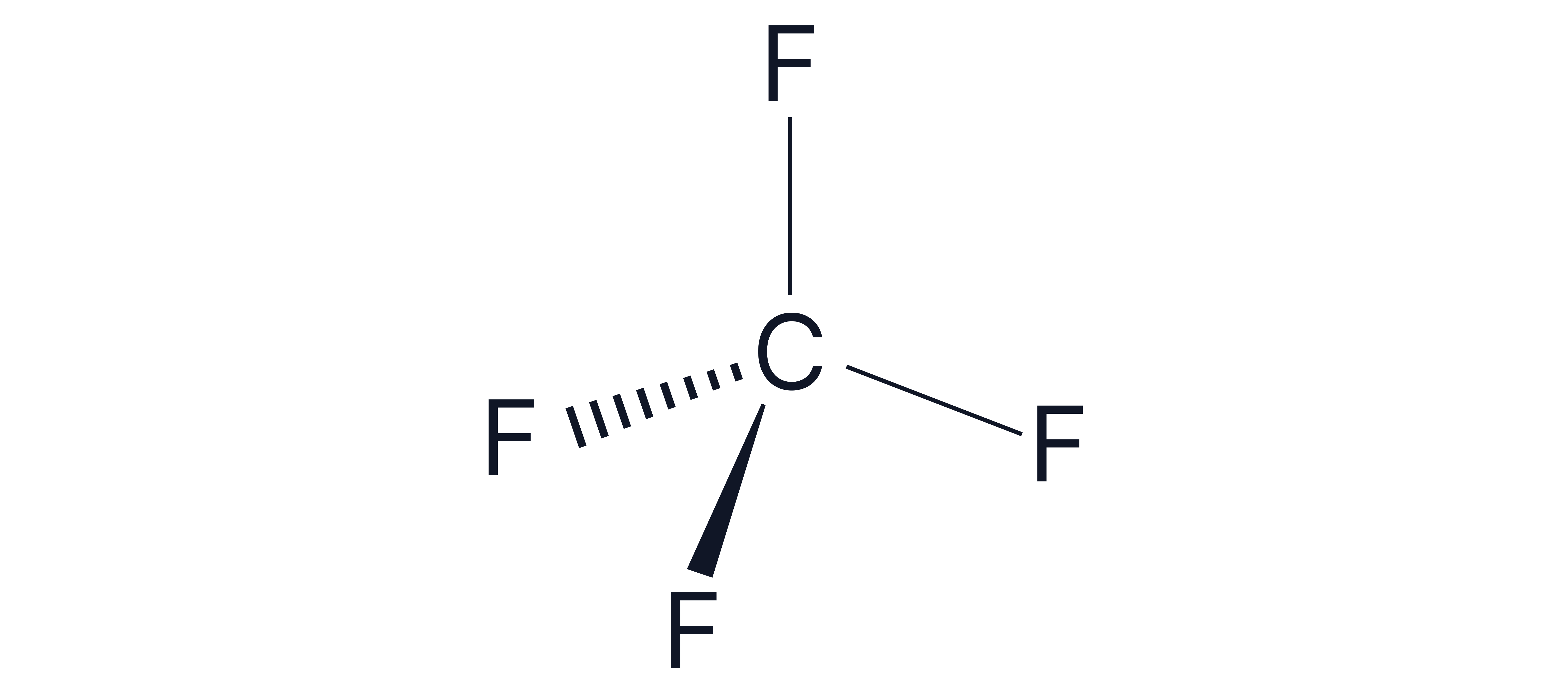 Diagram showing the tetrahedral molecular structure of carbon tetrafluoride with four fluorine atoms bonded to a central carbon atom.