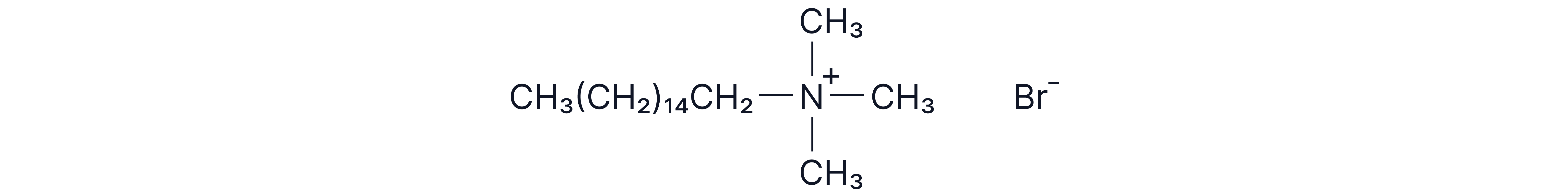 Chemistry revision note showing the structure of cetyltrimethylammonium bromide with a long hydrocarbon chain attached to a positively charged quaternary ammonium ion and a bromide ion.