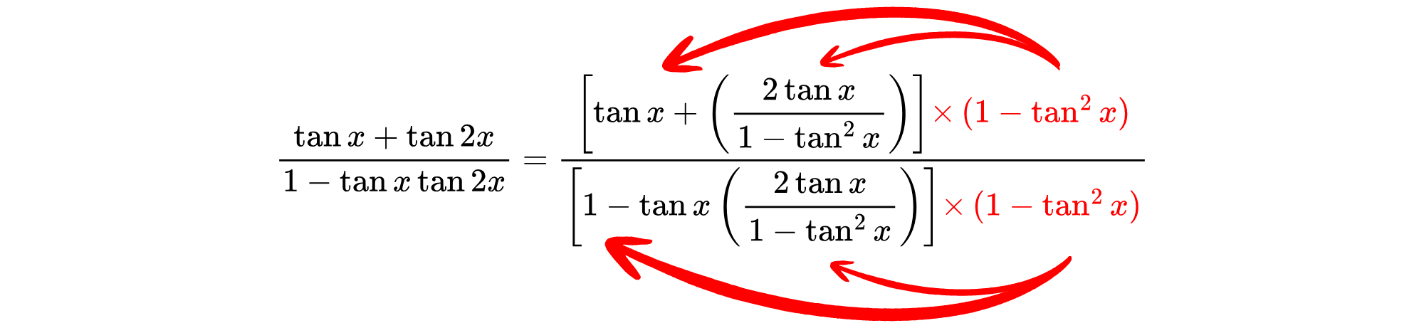 Two curved arrows form a loop around the expression 𝑥(1&minus;tan^2𝑥), indicating a repeated or cyclic substitution step in a trigonometric simplification.