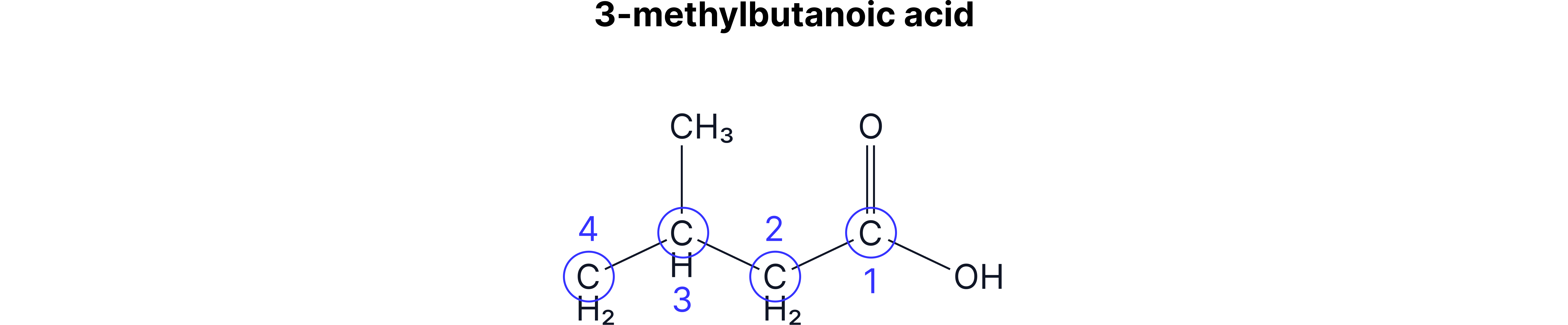 Displayed formula of 3-methylbutanoic acid with the carbon chain numbered to identify the position of the methyl side group.