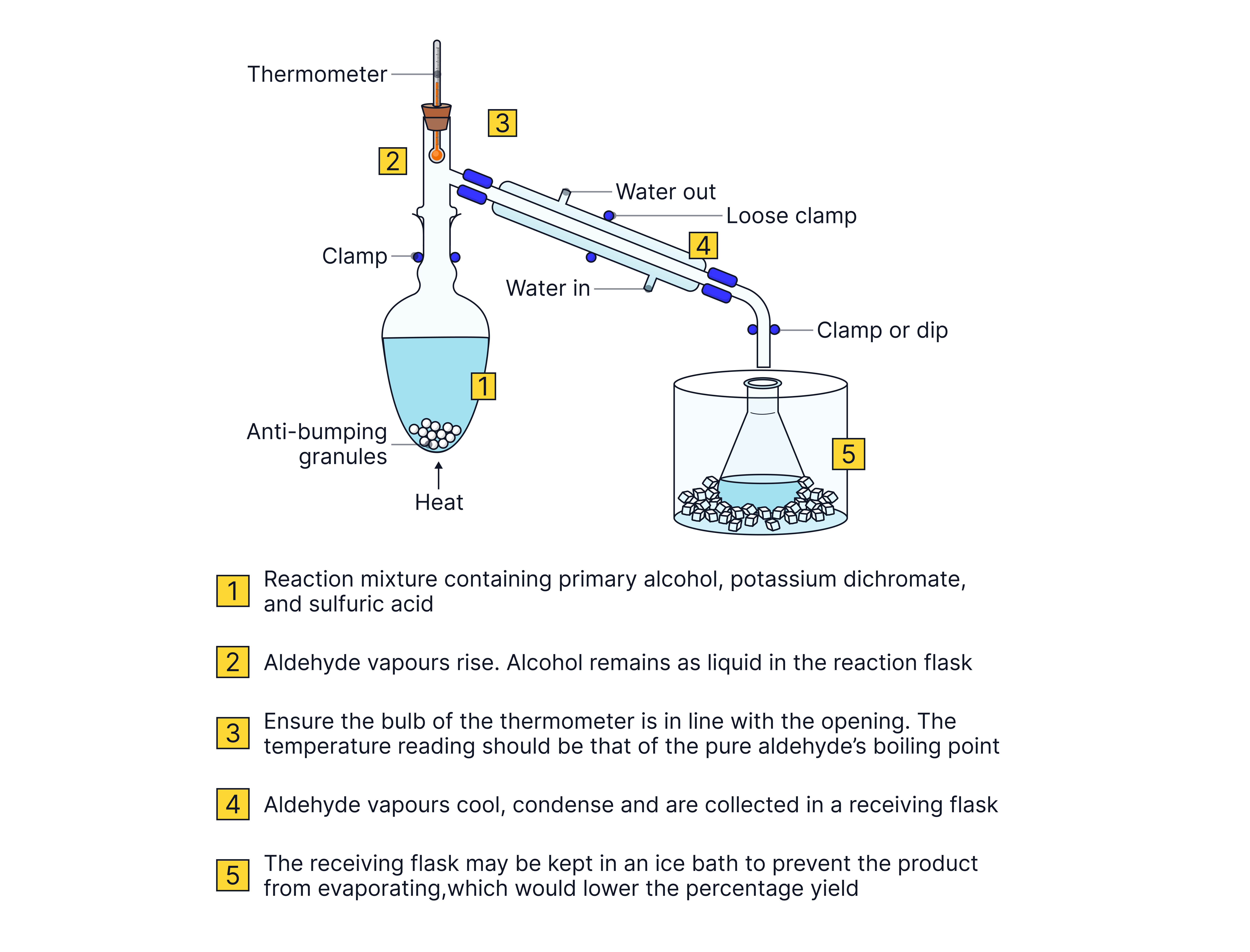 Distillation Setup for Preparing an Aldehyde Distillation apparatus showing the oxidation of a primary alcohol to an aldehyde, with aldehyde vapours condensed and collected in a cooled receiving flask.