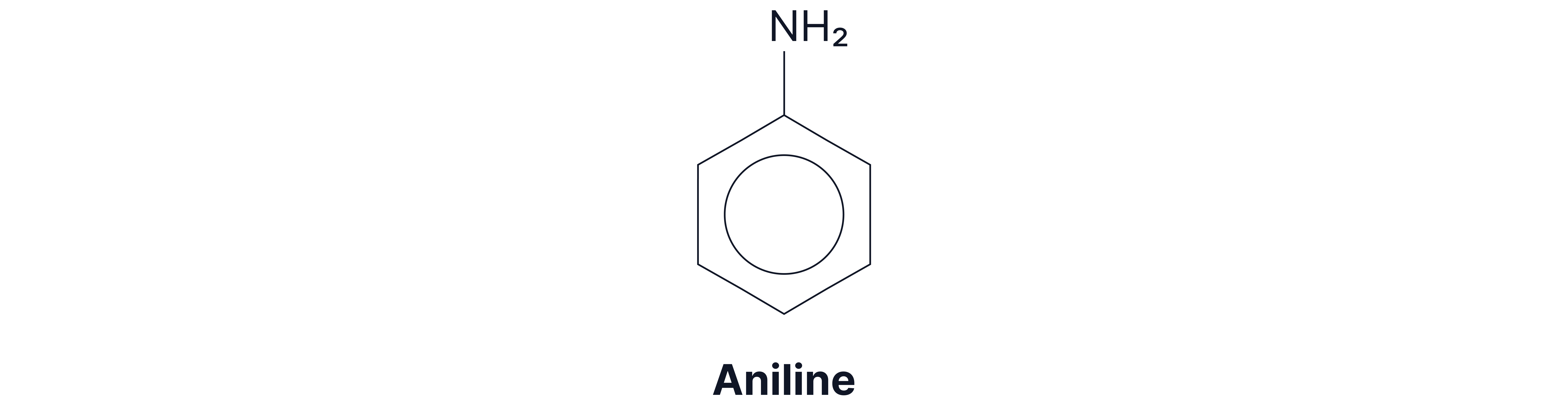 Displayed formula of aniline, showing a benzene ring with an NH₂ amine group attached to one carbon atom.