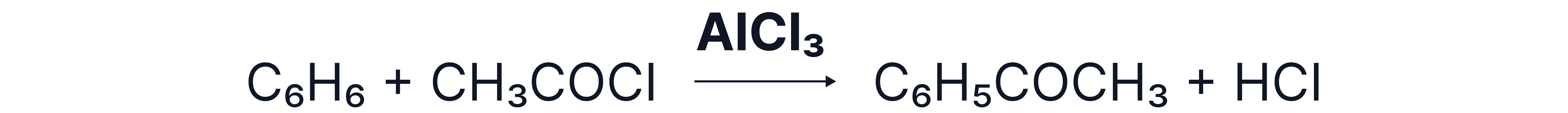 Friedel–Crafts Acylation Equation Equation showing benzene reacting with ethanoyl chloride in the presence of aluminium chloride to form phenylethanone and hydrogen chloride.