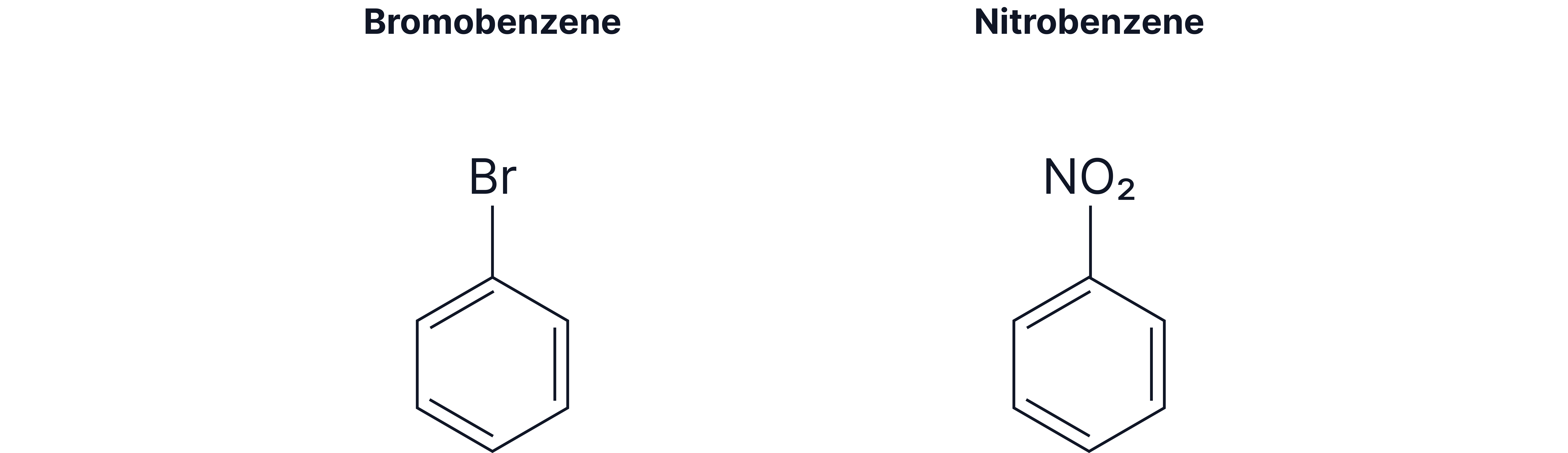 Structures of Bromobenzene and Nitrobenzene Structural formulas of bromobenzene and nitrobenzene showing benzene rings bonded to bromine and nitro substituents.
