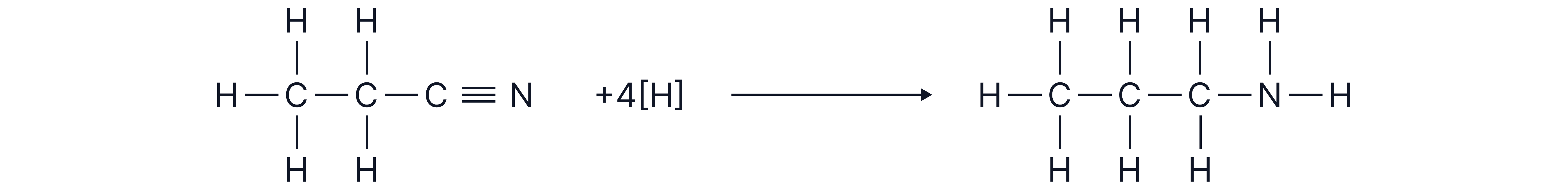Chemistry revision note showing the reduction of a nitrile using hydrogen to form a primary amine with an extra carbon atom retained in the chain.