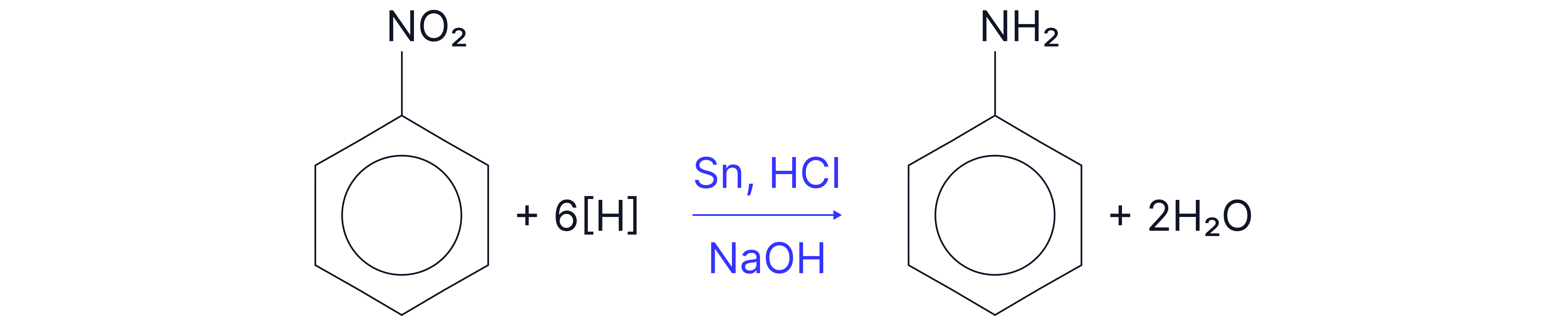 Chemistry revision note showing the reduction of nitrobenzene using tin and hydrochloric acid followed by sodium hydroxide to produce aniline and water.