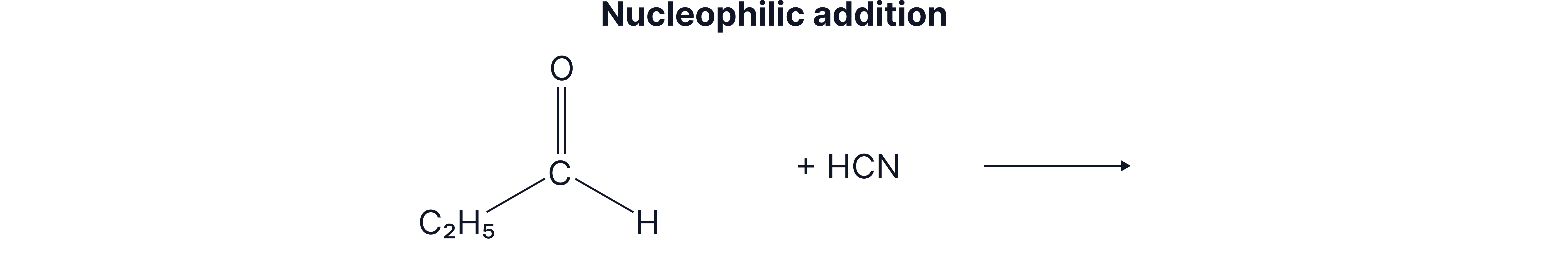 Nucleophilic Addition Reaction of Aldehydes Reaction diagram showing nucleophilic addition of hydrogen cyanide to an aldehyde carbonyl group to form a hydroxynitrile product.