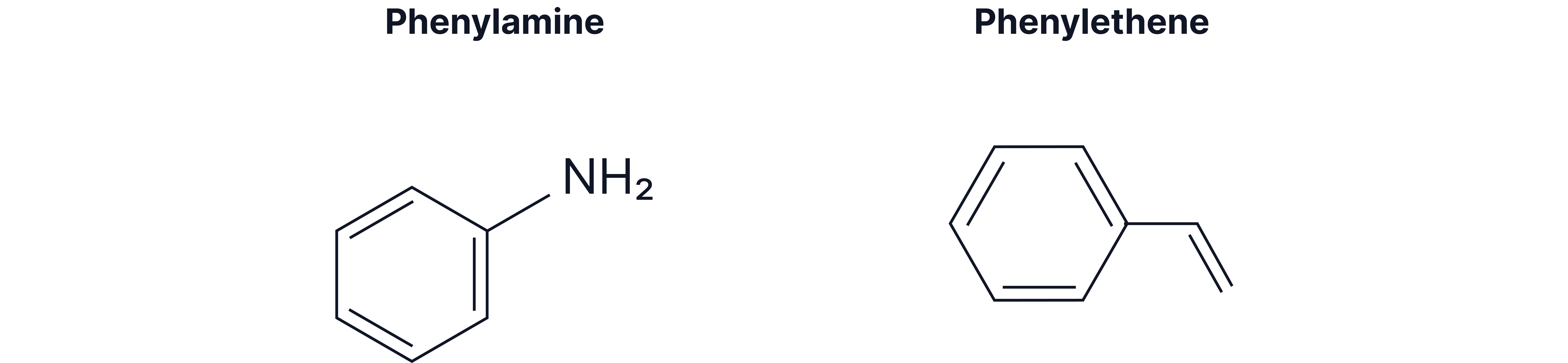 Structures of Phenylamine and Phenylethene Structural formulas of phenylamine and phenylethene showing a benzene ring bonded to amino and ethenyl substituents.