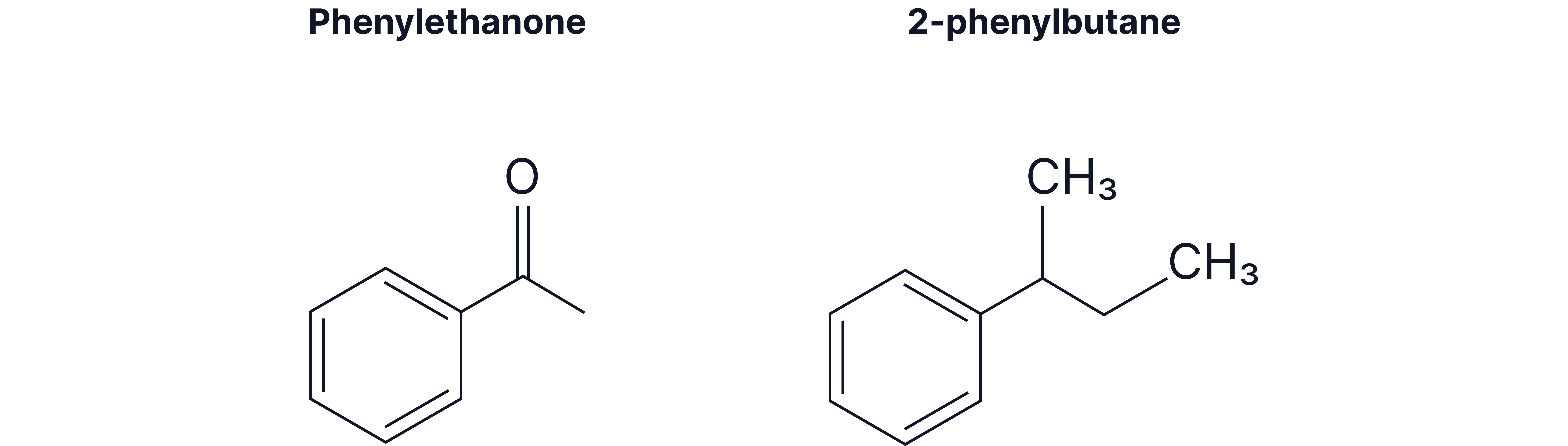 Structures of Phenylethanone and 2-Phenylbutane Structural formulas of phenylethanone and 2-phenylbutane showing a benzene ring bonded to ketone and alkyl substituents.