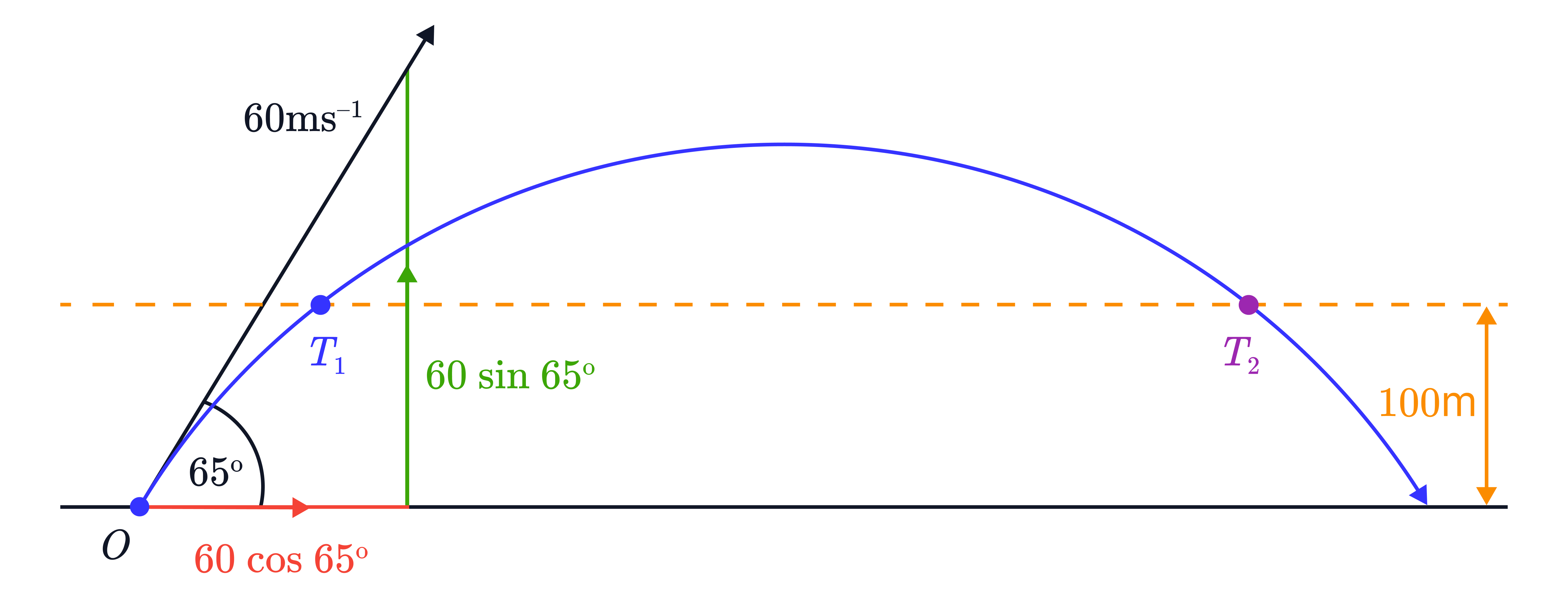 Projectile Motion Reaching Height of 100m Projectile motion diagram showing an object launched at 60m s−1 and 65^∘, with horizontal and vertical velocity components and two points where the projectile reaches a height of 100m.
