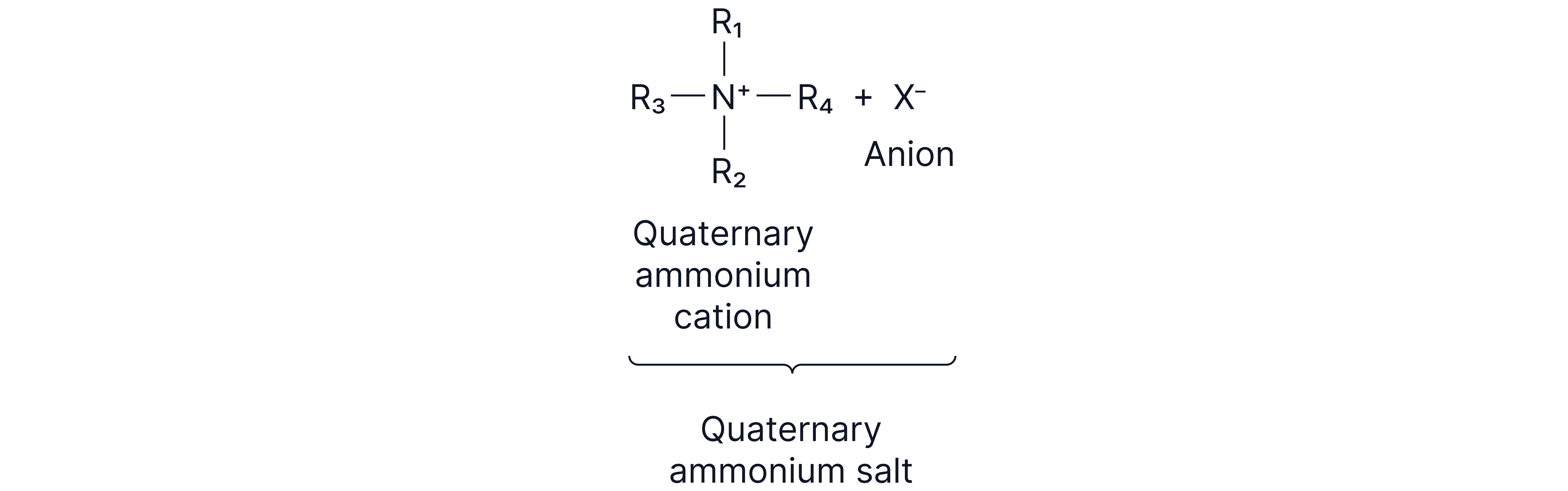 Chemistry revision note showing the general structure of a quaternary ammonium salt with a positively charged nitrogen atom bonded to four alkyl groups and an accompanying anion.