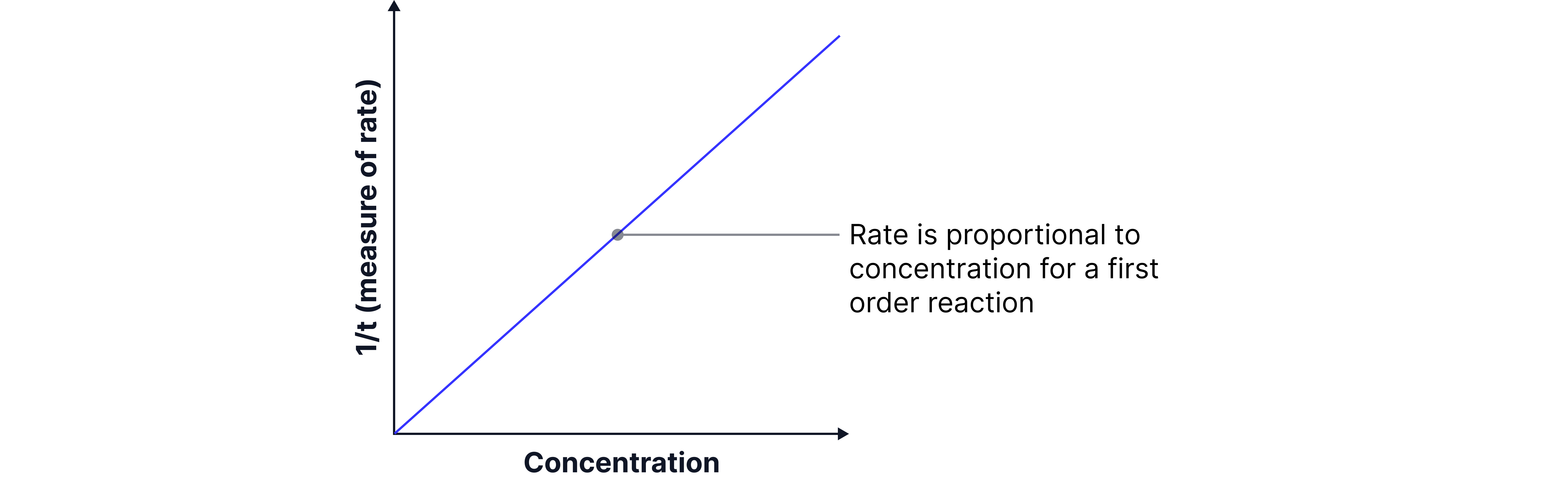 Rate and Concentration Graph Graph showing a straight-line relationship between concentration and 1/t, indicating that reaction rate increases with concentration in a chemistry revision note.