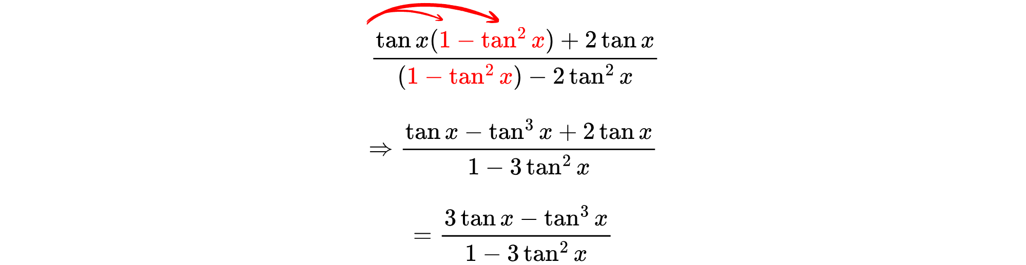 A curved arrow loops between repeated instances of 1&minus;tan^2𝑥, illustrating a recurring simplification step in trigonometric manipulation.