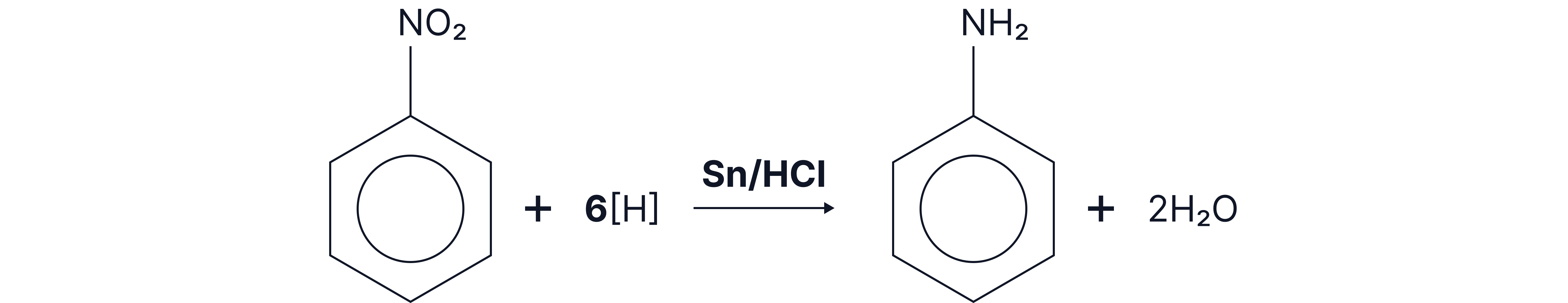 Reduction of Nitrobenzene to Phenylamine Diagram showing the reduction of nitrobenzene using tin and hydrochloric acid to form phenylamine and water.