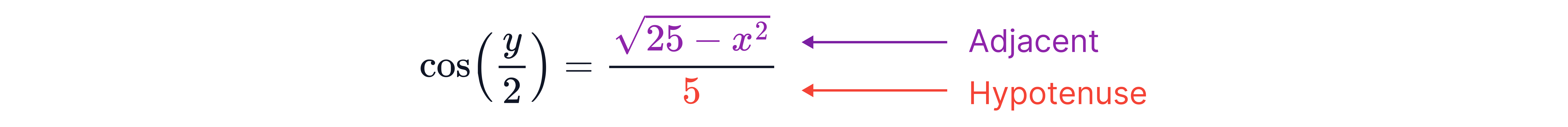 A right-angled triangle is labelled with hypotenuse 5, opposite side 𝑥, and adjacent side sqrt(25&minus;𝑥^2), showing how side lengths are written for trigonometric ratios.
