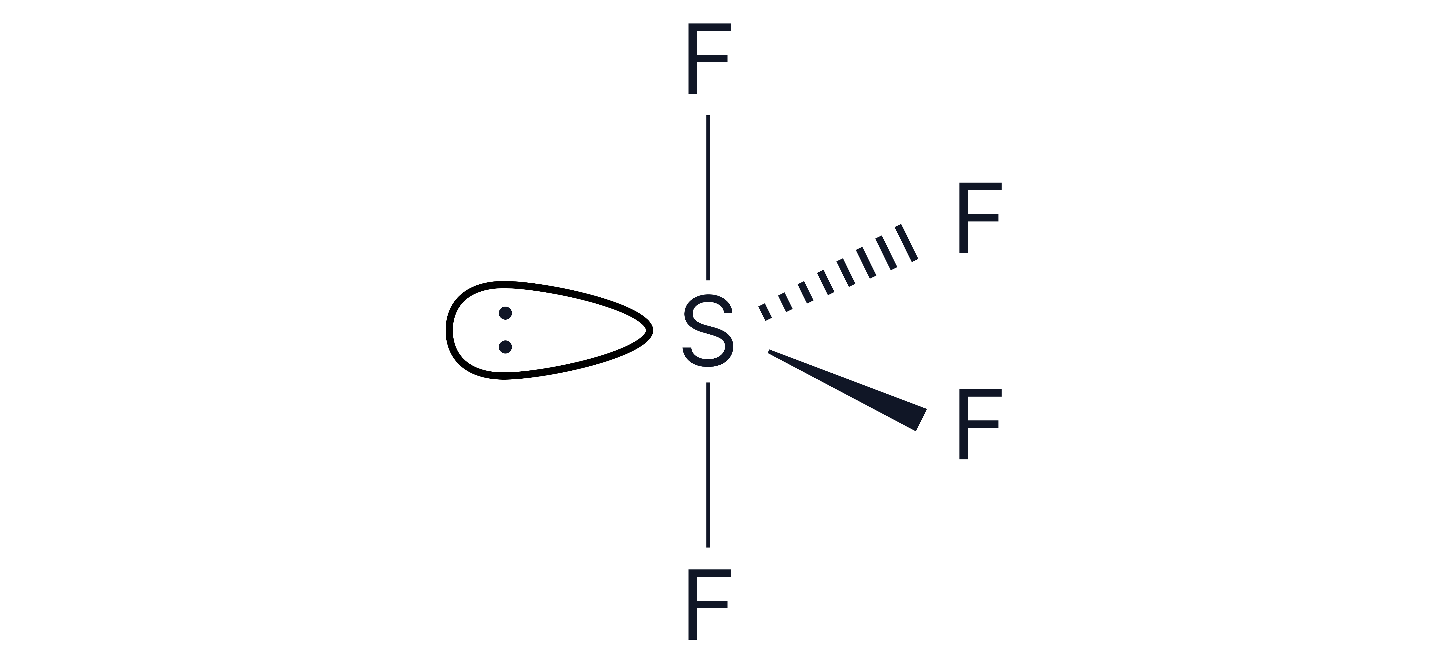 Diagram showing the seesaw structure of sulfur tetrafluoride with four fluorine atoms bonded to sulfur and one lone pair of electrons on the sulfur atom.