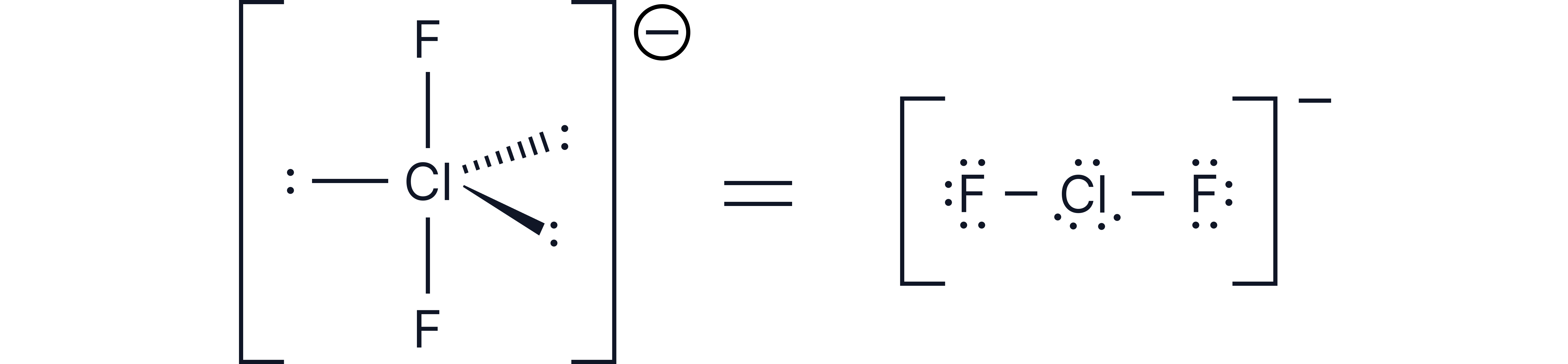 Diagram showing the three-dimensional and displayed formula representations of the tetrafluorochlorate ion with fluorine atoms bonded to a central chlorine atom.