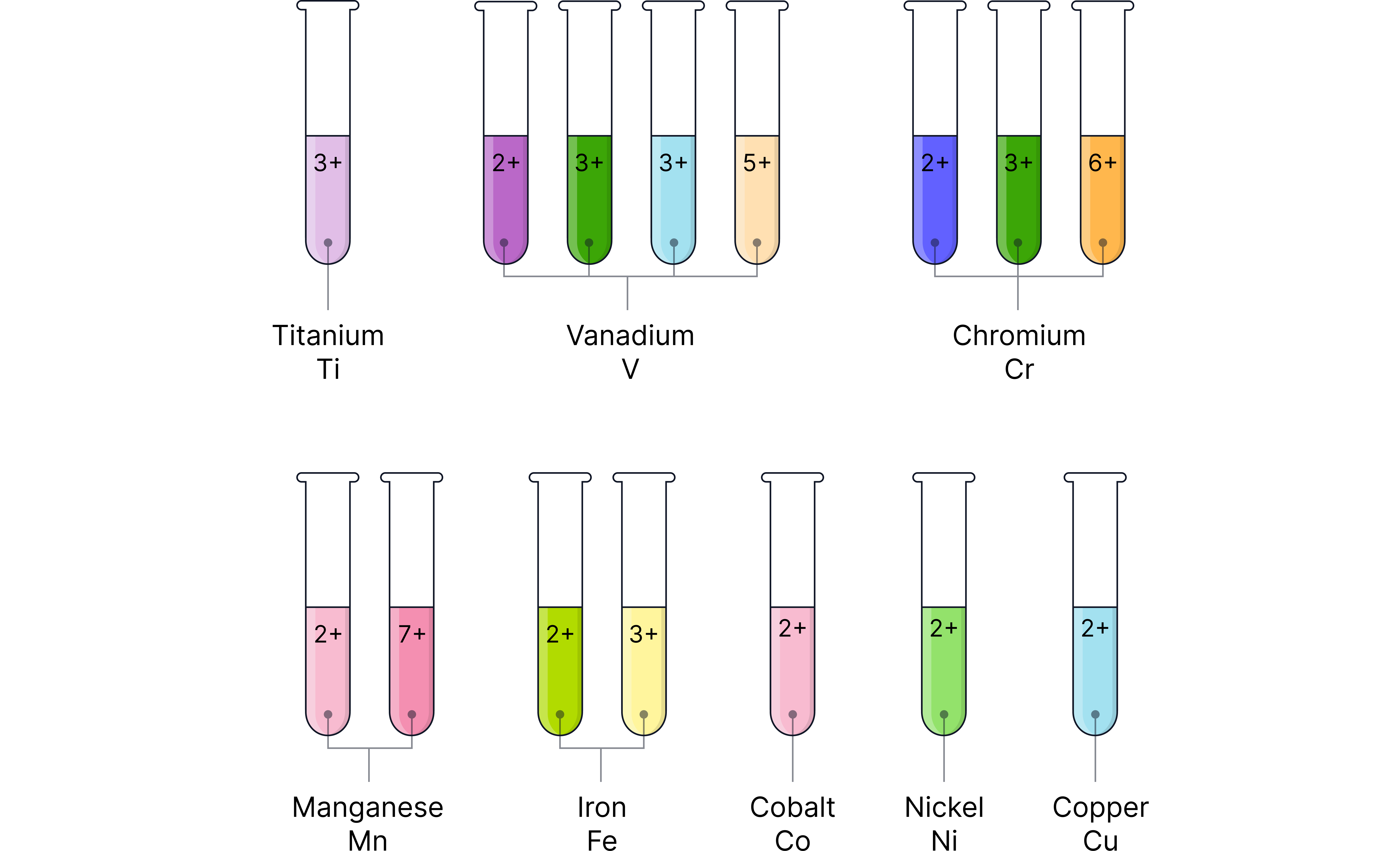 Transition Metal Ion Colours and Oxidation States Sequence diagram showing the characteristic colours and oxidation states of different transition metal ions in test tubes for a chemistry revision note.