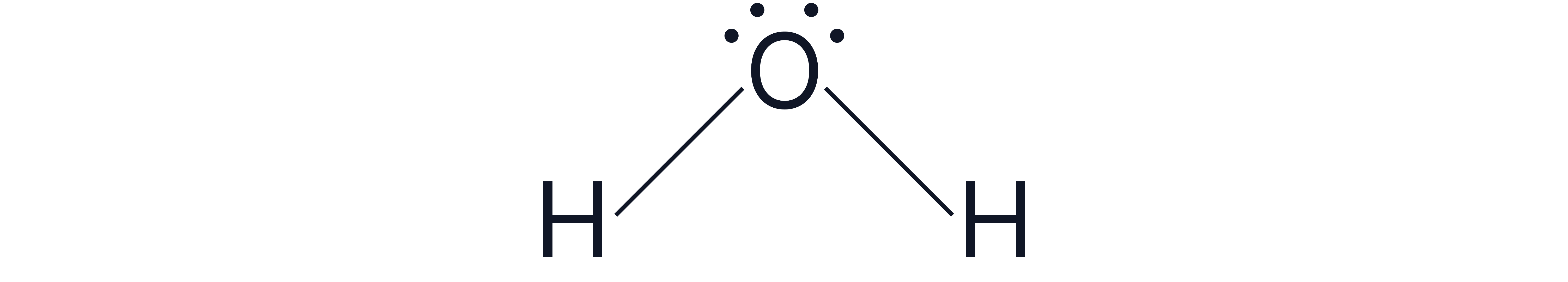 Diagram showing the bent structure of a water molecule with two hydrogen atoms bonded to an oxygen atom containing two lone pairs of electrons.